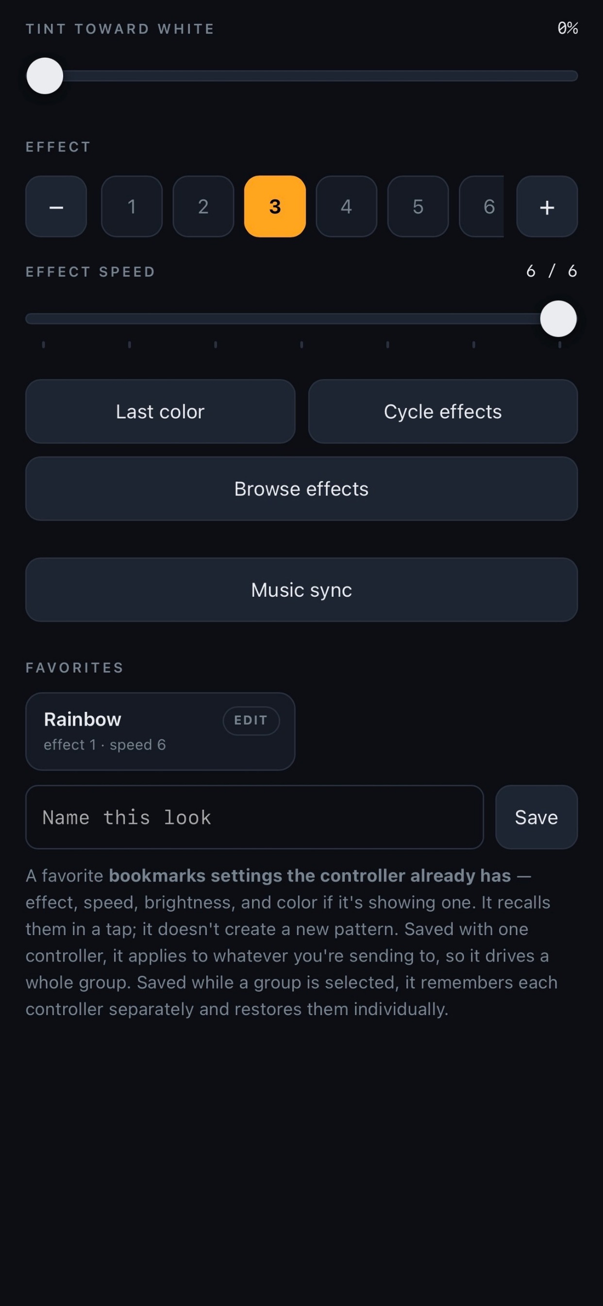 Effects and favorites controls
